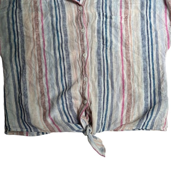 Beach Lunch Lounge Striped Tie Front Linen Button Down Blouse Sz Small - Picture 5 of 9